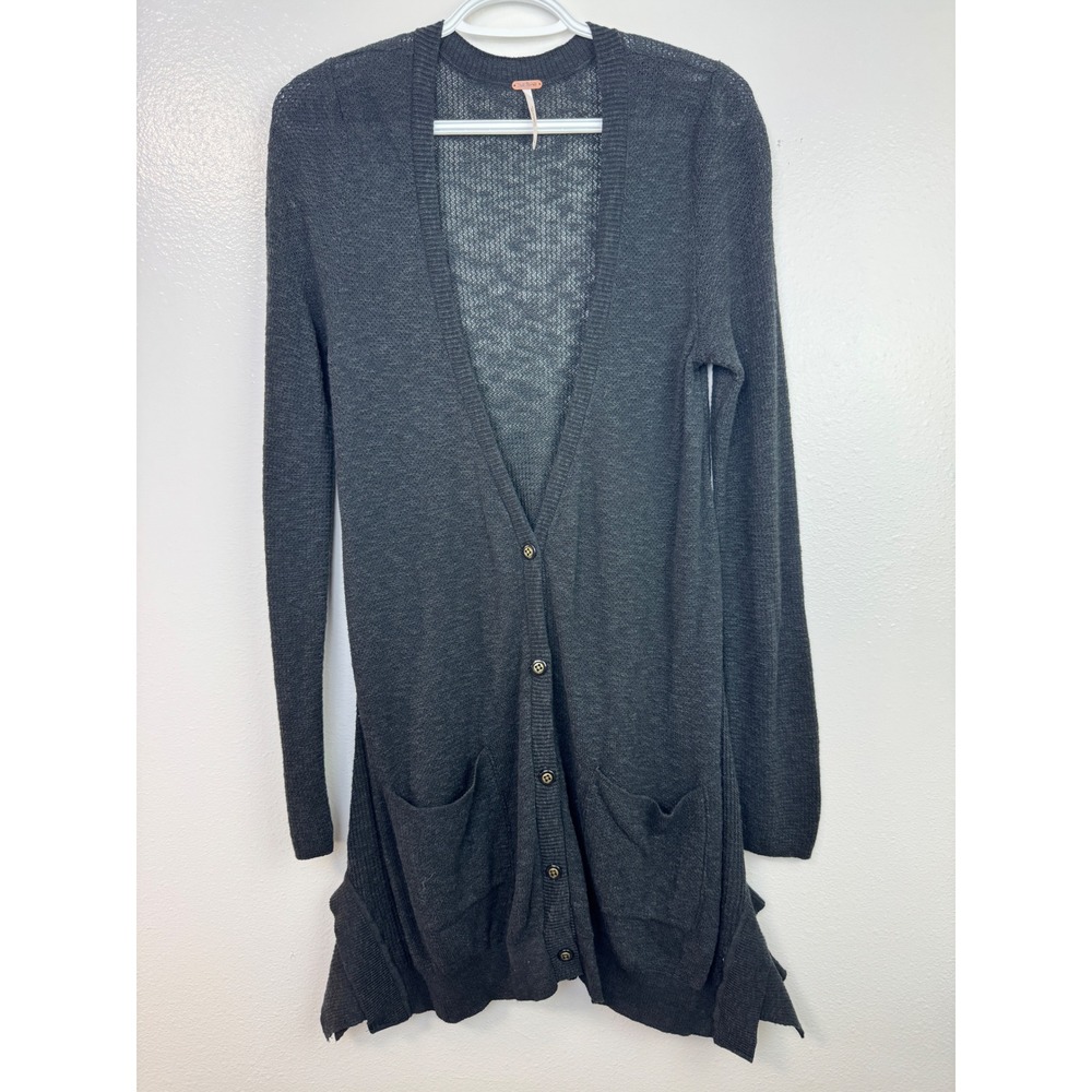 Free People Charcoal Gray Longline Button Front Cardigan Sweater Womens Medium